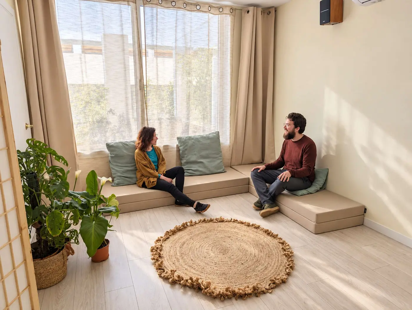 Sala de grupos de Physis: dos personas conversan sentadas en cojines